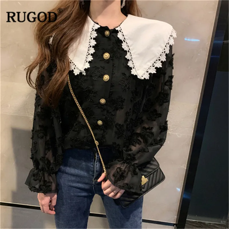 Женские кружевные блузки RUGOD корейские с расклешенным рукавом и отложным