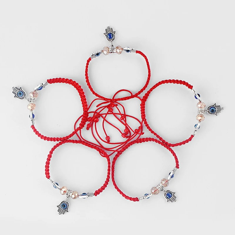 5 шт. три ладонь (хамса) с синими глазами красный плетеный хлопковый шнур браслеты