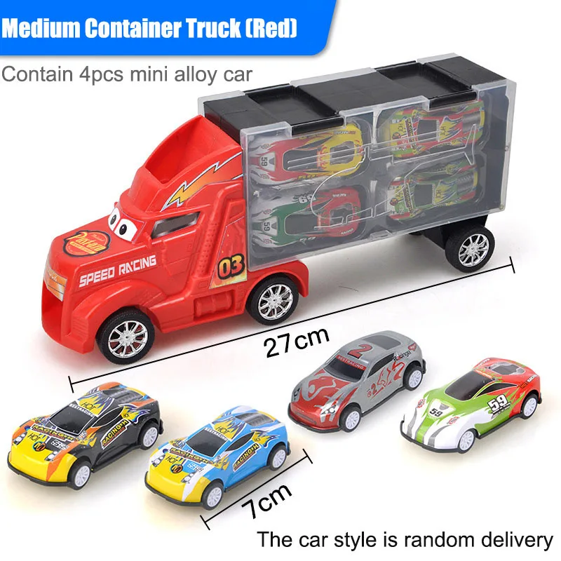 Red truck 4 cars 1/24 масштабный контейнер для хранения, грузовик, пластиковые транспортные средства, игрушки с литой под давлением мини-автомобиль, горячие Литые Автомобильные колеса, волшебные треки, машины для детей - Цвет: Red truck 4 cars