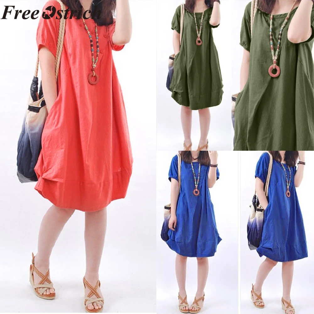 Бесплатная страусиное женское повседневное свободное платье из хлопка и льна