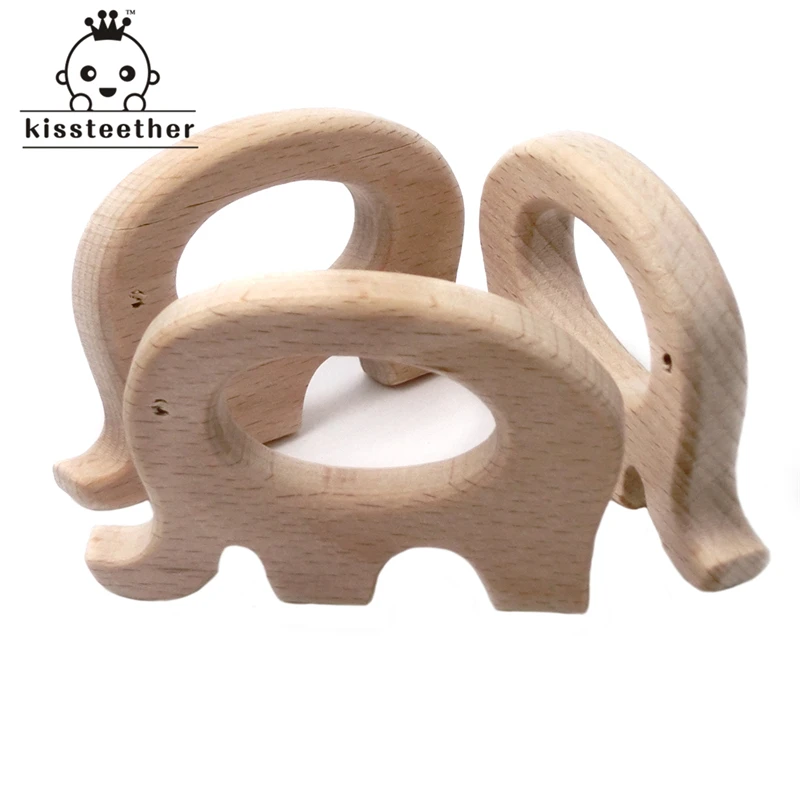 Mordedor de madera Natural hecho a mano, elefante de haya, colgante personalizado de madera, respetuoso con el medio ambiente, mordedor seguro para beb&eacute;-2