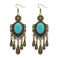 metal retro bohemian famous ethnic group wind green natural stone water drop temperament exaggerates the personality of earrings