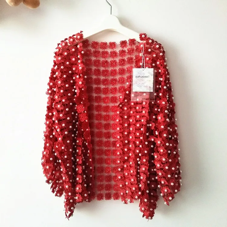 red Cakucool женское летнее солнцезащитное пальто кружевное открытое цветочное жемчужное вышитое бисером кардиган с расклешенными рукавами куртка Cappa шаль для девушек - Цвет: red