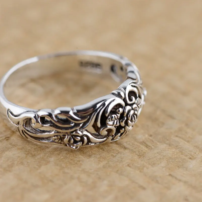 Женское Винтажное кольцо FNJ 925 пробы Серебряное с цветком розы S925|thai silver ring|rose flower