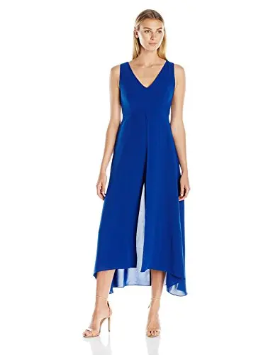 

Women's Tonal Overlay Jumpsuit High Waist Sleeveless Chiffon Jumpsuit Europe Siamese pants graceful lady deep V-neckline catsuit