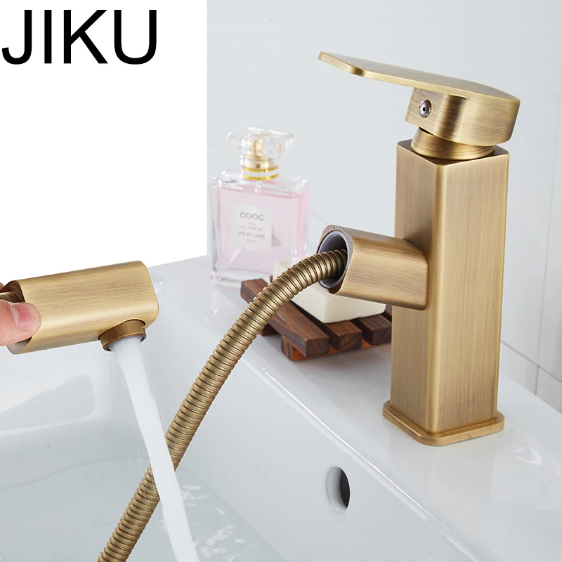 JIKU матовый золотой Латунный бортике смеситель для раковины с одной ручкой смеситель для ванной комнаты кран для горячей и холодной раковины вращающийся носик