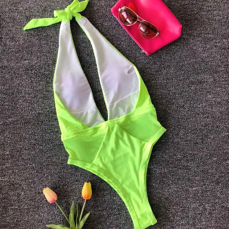 Neon Green Bikini Push Up Sexy Deep V Mesh Swimsuit Women One Piece Swimwear Halter Cross Bathing Suits Monokini Beachwear | Спорт и
