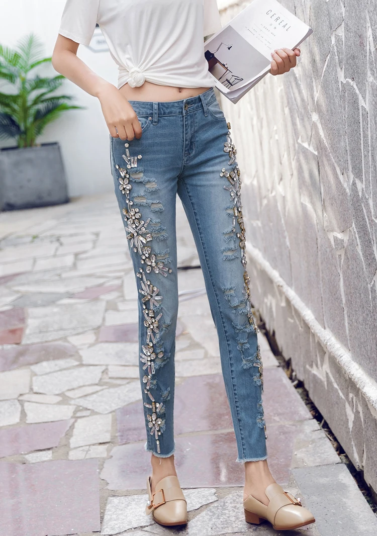Женские джинсы карандаш винтажные облегающие брюки со стразами|diamond jeans|jeans beadswomen