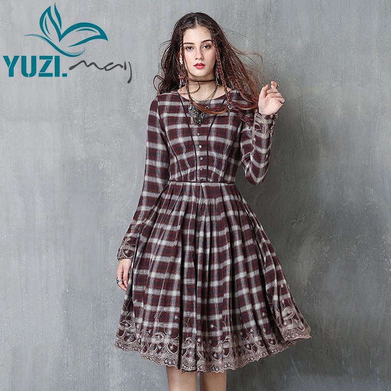 Зимнее платье 2017 Yuzi. мая Boho Новое Хлопковое с круглым вырезом и длинными рукавами