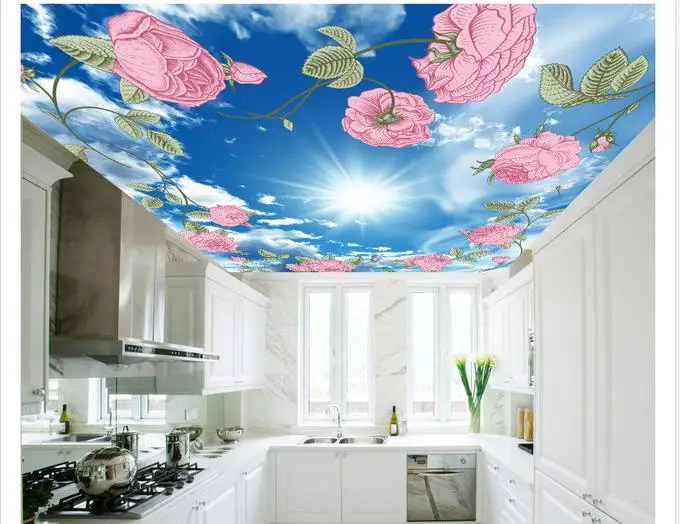 3d потолочные фрески обои розовое голубое небо белые облака гостиная потолок