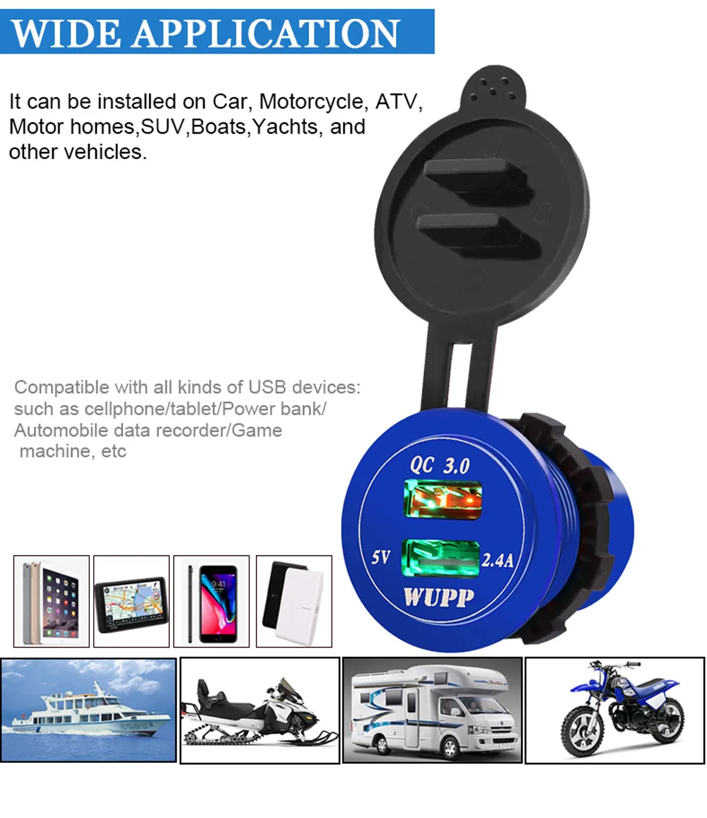 WUPP разъем питания автомобильное быстрое зарядное устройство QC 3,0 двойной USB 5 цветов алюминиевый корпус 5В/3.4A 2 порта зарядки мобильного телефона для iPhone X