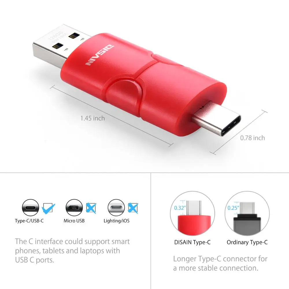USB C двойной флэш-накопитель, DISAIN Тип C внешняя карта памяти USB 3,0 накопитель для Android, ПК, смартфона, Macbook