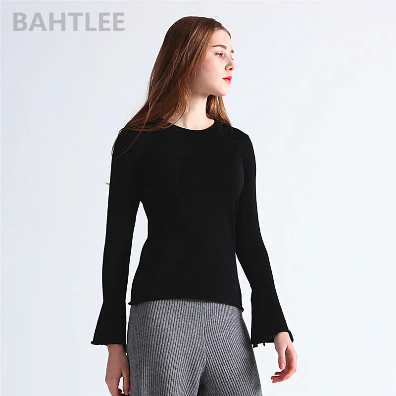 Осенние женские пуловеры BAHTLEE из мериносовой шерсти с расклешенными рукавами