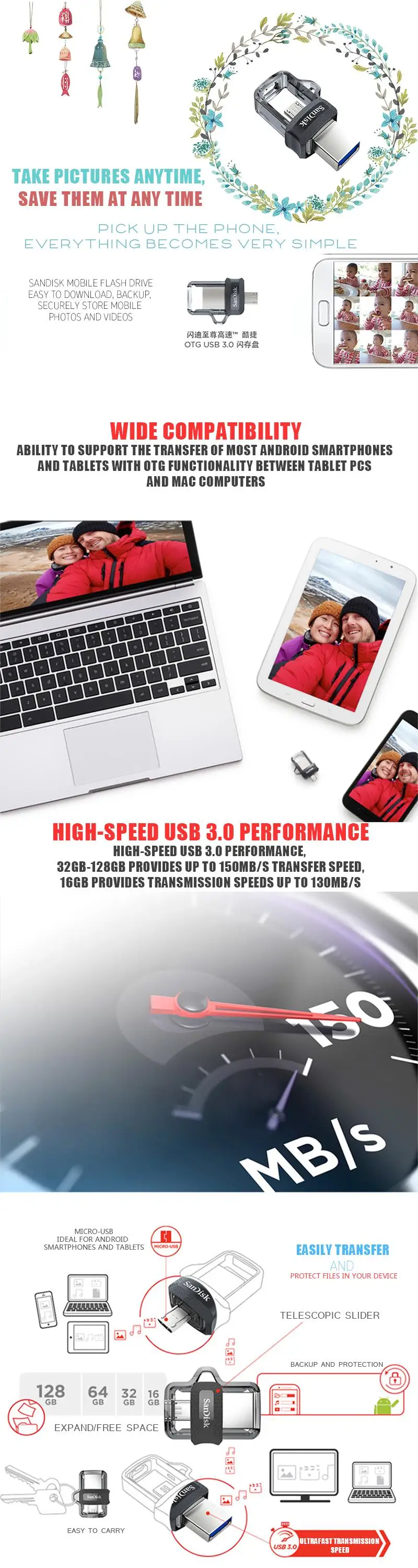 Sandisk Extreme USB флеш-накопитель 128 Гб 64 ГБ 32 ГБ 16 ГБ двойной OTG флеш-накопитель Высокая скорость памяти U диск Micro USB3.0 карта sdd3