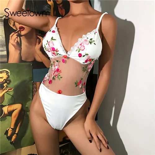 Sweetown белый сетчатый лоскутный V образным вырезом сексуальный боди Купальники для женщин китайский стиль пион вышивка толстые Спагетти ремень Боди - Цвет: white