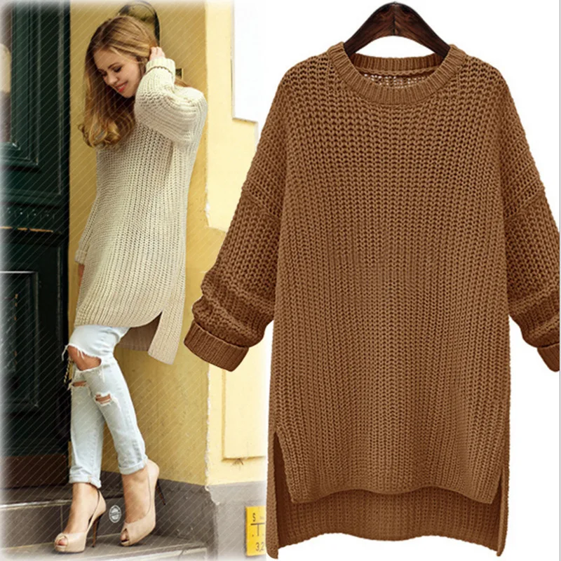 2019 Winter Midi Long Thick Sweaters for Women New Irregular O-Neck Cute Solid Knitted Pullovers Girls Lady Casual Split Sweater | Женская