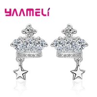 crown earrings with little star cute design charm womengirls fashion earrings full shiny cz zircon 925 sterling silver