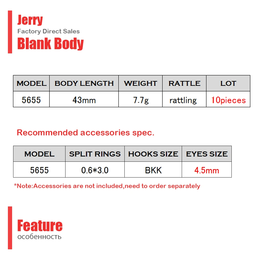 Jerry 43 мм заготовка для рыбалки, приманки, жесткая пластиковая Вибрирующая приманка, Тонущая воблер, заготовки