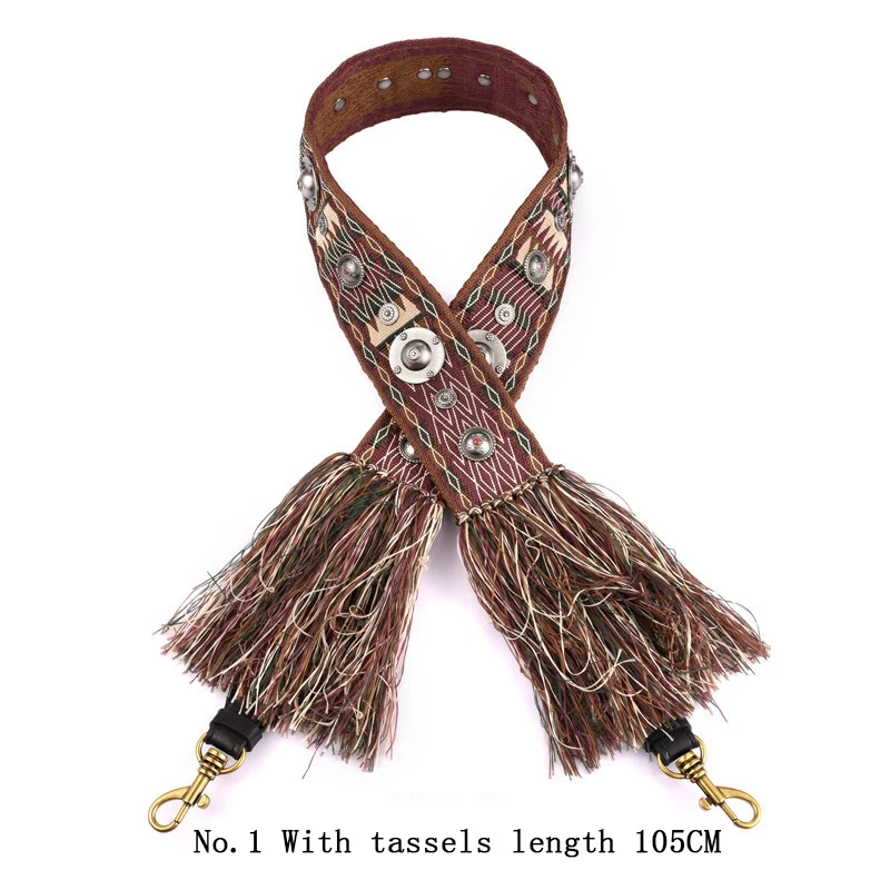 No.1 tassel 105CM Холщовый женский плечевой ремень в национальном стиле с кисточками и заклепками, сумка через плечо, аксессуары из натуральной кожи - Цвет: No.1 tassel 105CM