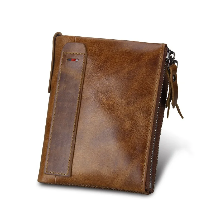 Короткий кошелек из натуральной кожи с двойной молнией и RFID защитой|purse male|brand walletf