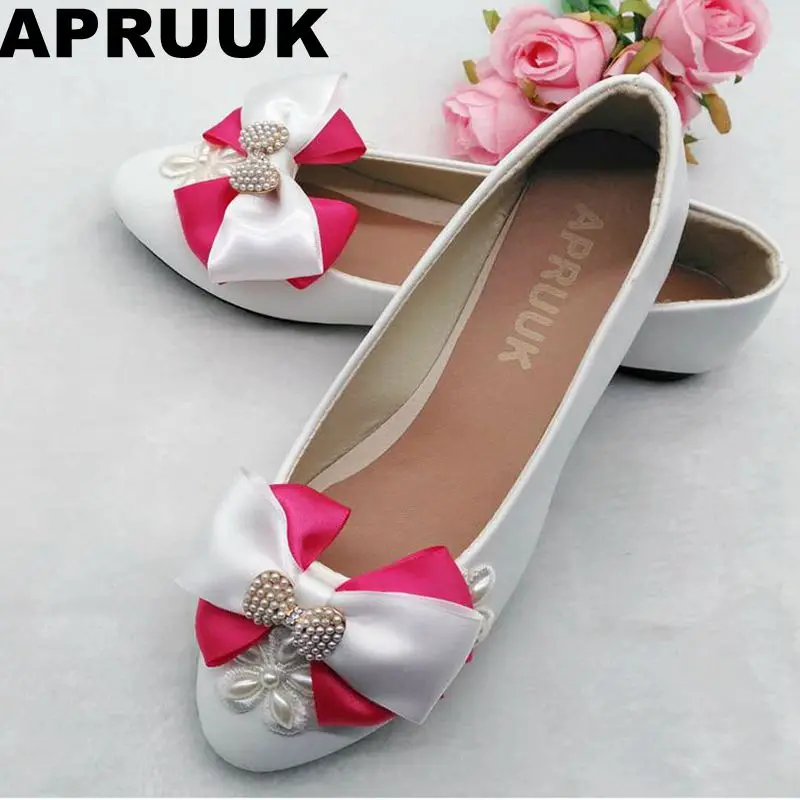 

Plus size 40 41 slip on round toes flats shoes woman fashion design pink bow pearls lady female party shoes in stock