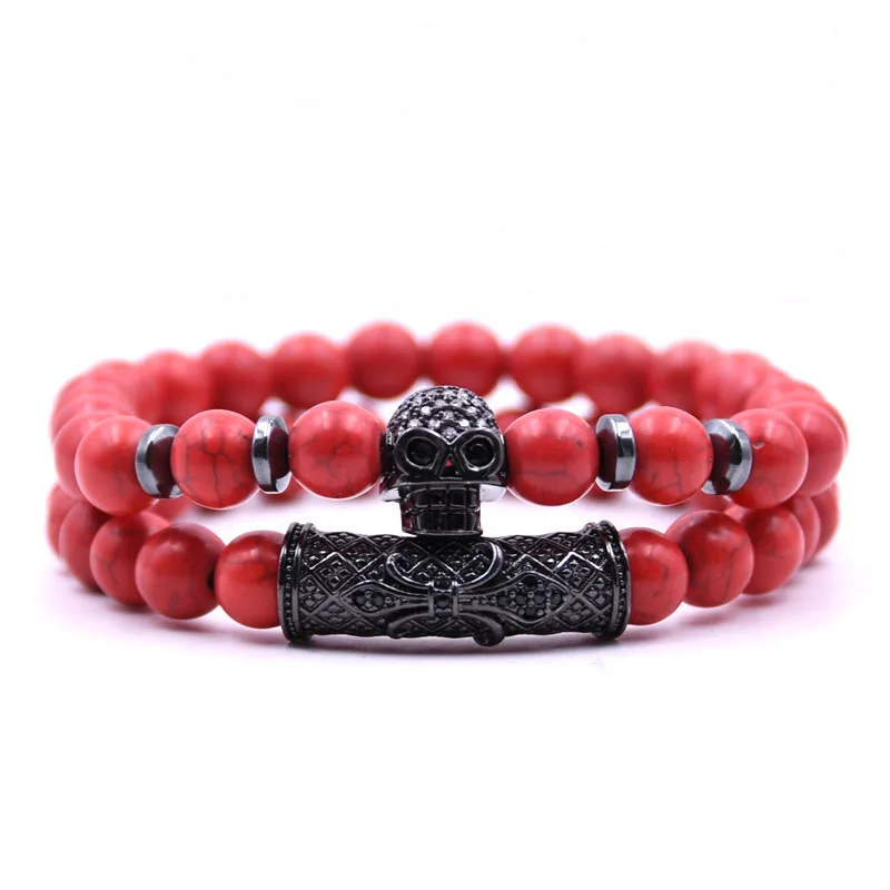 KANGKANG 2Pcs/Set 2019 5 color 8mm stone Bracelet Pave CZ black skull Bracelets for Men&ampWomen Jewelry Creative gift | Украшения и