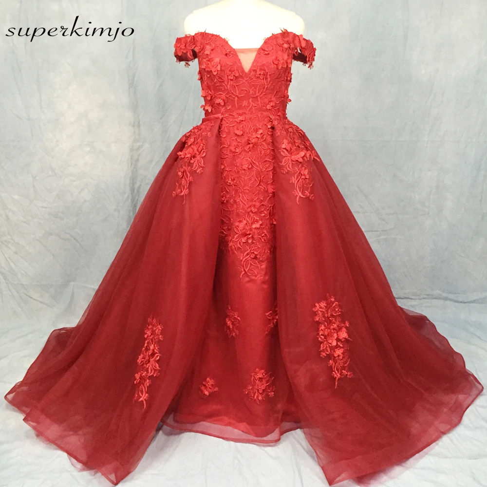 

SuperKimJo Lace Applique Prom Dresses 2021 Robe De Bal Detachable Skirt Off the Shoulder Red Prom Gown Abendkleider 2022