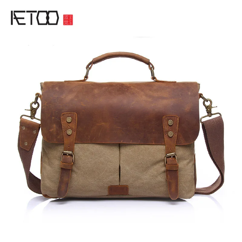 Первый слой кожи с тканевой холщовой сумкой ретро Холщовая Сумка через плечо