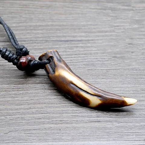Тибетский Стиль имитация кости яка Смола резной кулон волчий зуб деревянные бусины веревочное ожерелье Мальчик мужской подарок YN109
