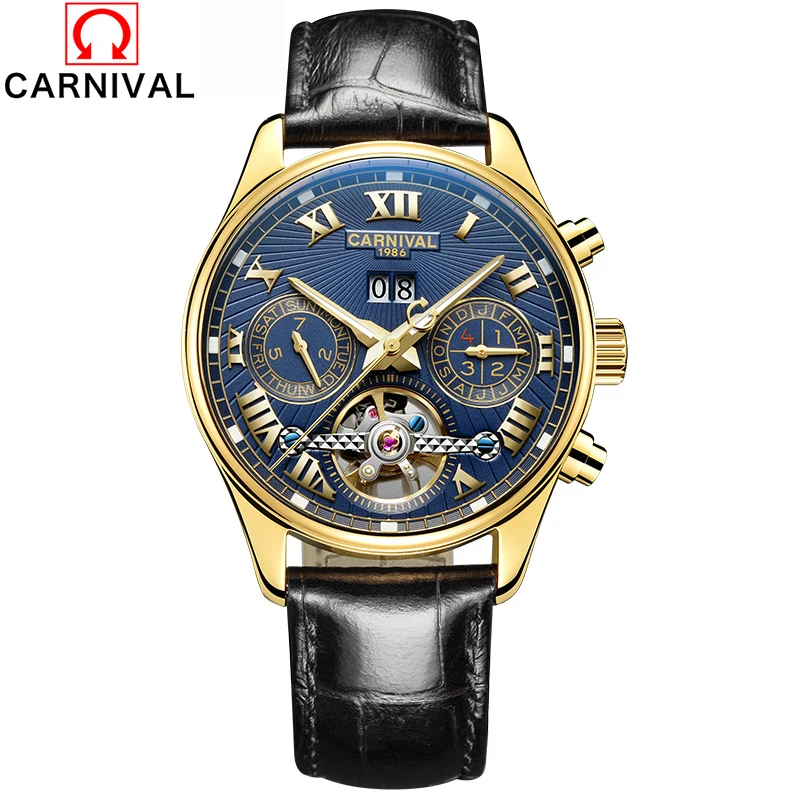

Часы наручные CARNIVAL с турбийоном мужские, брендовые Роскошные автоматические черные механические с календарем и золотым ремешком