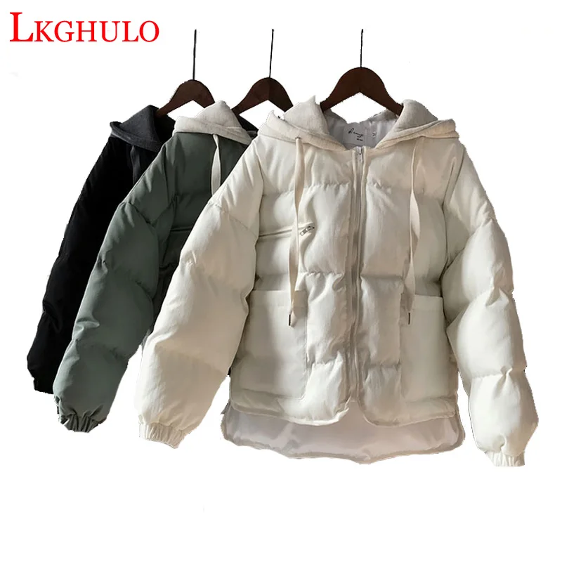 LKGHULO зима осень парка Корейская куртка Женские однотонные Короткие хлопковые