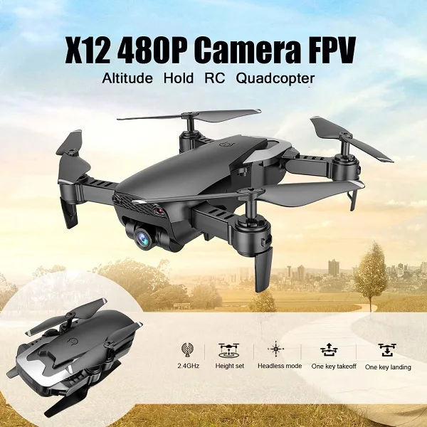 Черный Радиоуправляемый Дрон с камерой X12 Дрон 480P WiFi FPV Квадрокоптер удержание высоты один ключ возврат Радиоуправляемый вертолет игрушки для детей vs E58 H47 - Цвет: Черный
