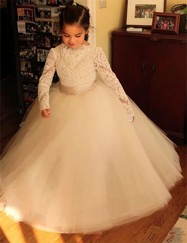 

New White Lace Long Sleeve Ball Gown Flower Girl Dresses Girls Pageant Dresses First Communion Dresses For Girls
