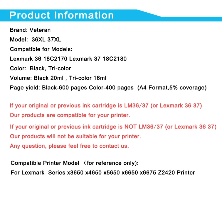 Ветеран 36XL 37XL картридж для Lexmark 36 37 чернильный XL LM36 LM37 3650x4650x5650x6650x6675 Z2420 принтер |