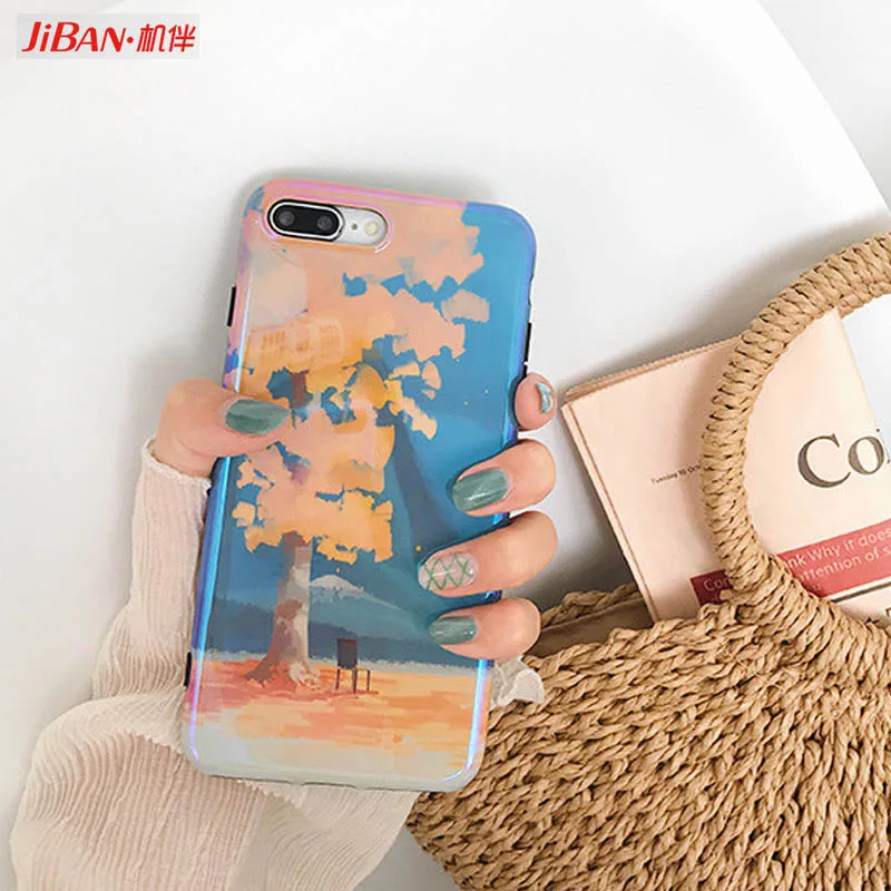 JIBAN Landscape Oil painting case For iphone X 8 8plus Shiny Blu ray Soft silicon Back Cover for 6 6s 6plus 7 7Plus Capa |