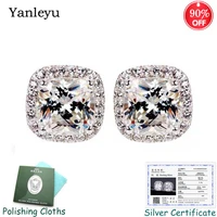 sent silver certificate yanleyu princess square cubic zirconia stud earrings for women 100 925 silver wedding jewelry pe035