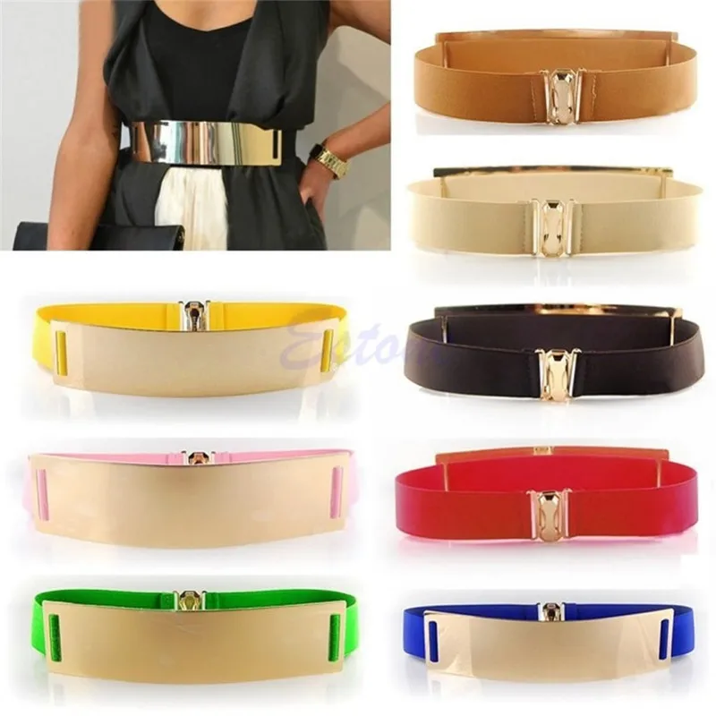 

KLV Gold Metal Elastic Mirror Golden Metal Waist Belt Metallic Bling Plate Wide Band For Women Ladies Accessories