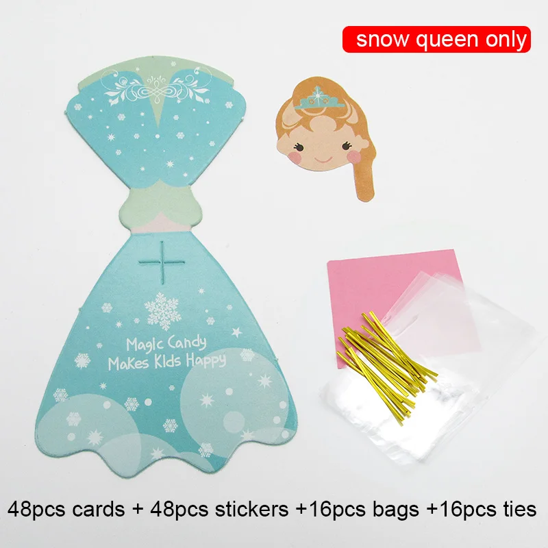 snow queen only 16 упаковок супер герой принцесса мультфильм конфеты Леденец Украшения карты с сумкой для детей день рождения принадлежности подарок аксессуары - Цвет: snow queen only