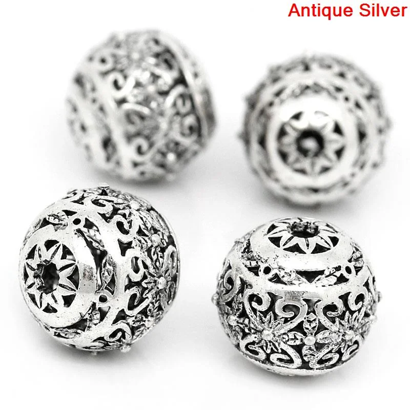 DoreenBeads медные бусины-спейсеры круглый античный серебряный цвет полые Цветочный узор резные 11 мм x 10 мм, Отверстие: Приблизительно 1,5 мм, 10 шт