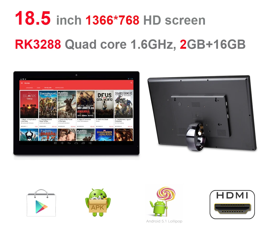 18.5 inch Android Tablet pc without Touch(remote,Rockchip3288 1.8Ghz, 2GB ddr3, 16GB flash,Bluetooth4.0, wifi, RJ45, play store)