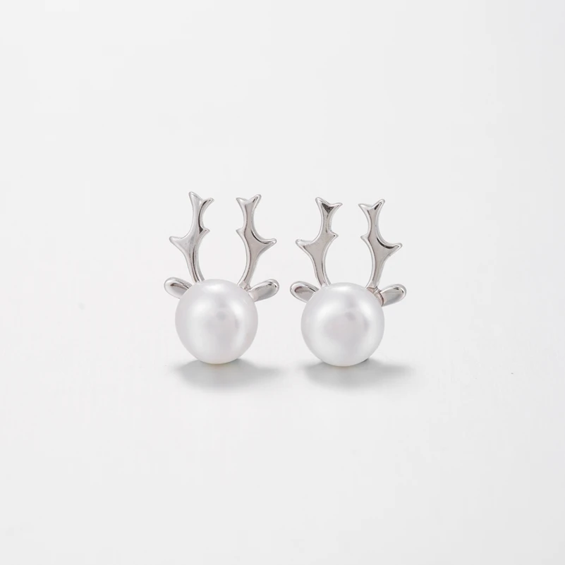 Серьги-гвоздики в рождественской тематике с искусственным жемчугом и оленем для