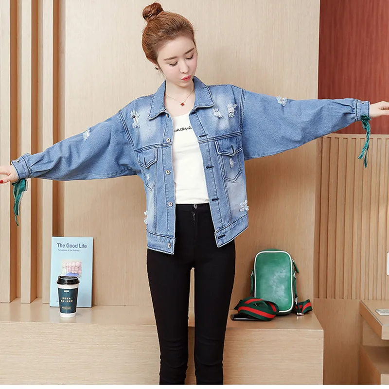 Новинка 2019 женская джинсовая куртка в Корейском стиле свободные топы с вышитыми