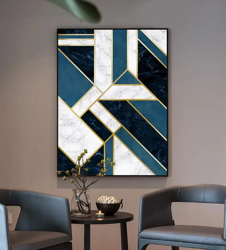 Nordic Modern Abstract Blue Black Marble Geometric Gold Line Segmentation Wall Pictures Prints Pop Art Unframed Painting | Дом и сад