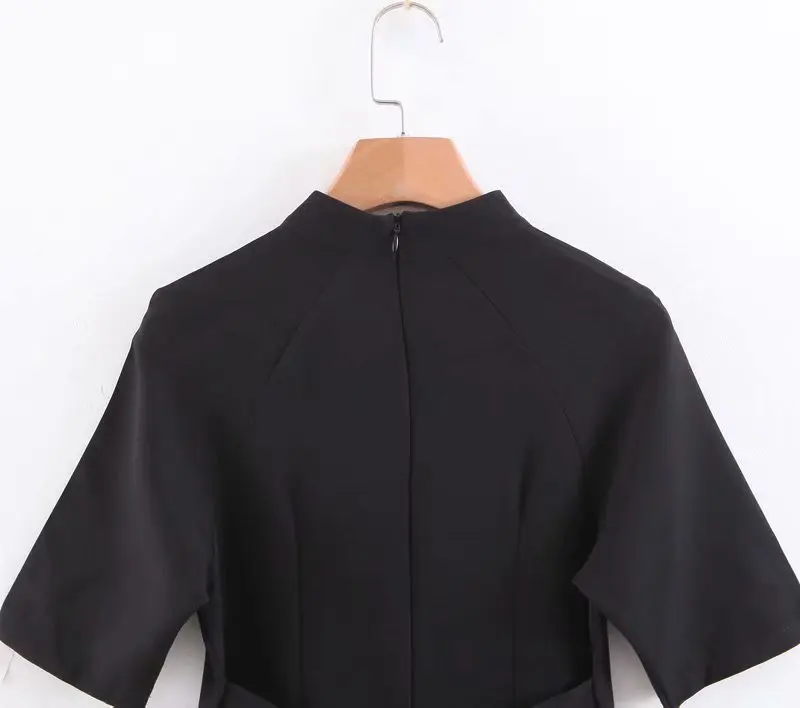 Весна Лето короткий рукав с высокой талией стоячий воротник черные однотонные