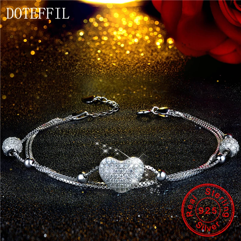 DOTEFFIL 925 Стерлинговое серебро три коробки цепи сердце бусины шар браслеты для
