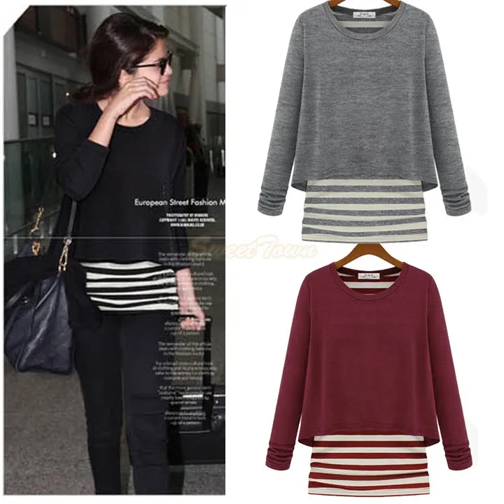 Celeb Style Long Sleeve Striped Cotton Tops False Two Piece T-Shirts Casual Tee 35 | Женская одежда