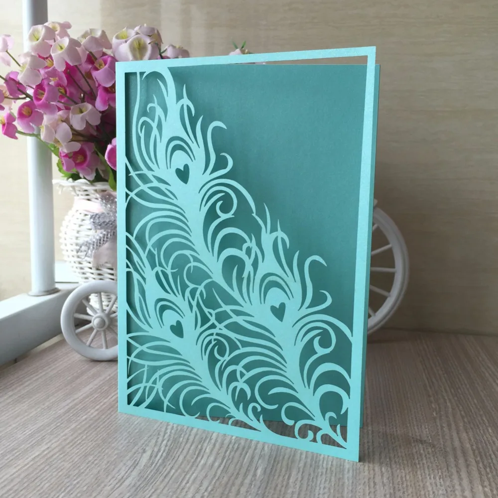 

100pcs/lot New Laser Cut Glossy Paper Peacock feather Party Wedding Invitation PostCard Favor gift Card Wedding Invitations card