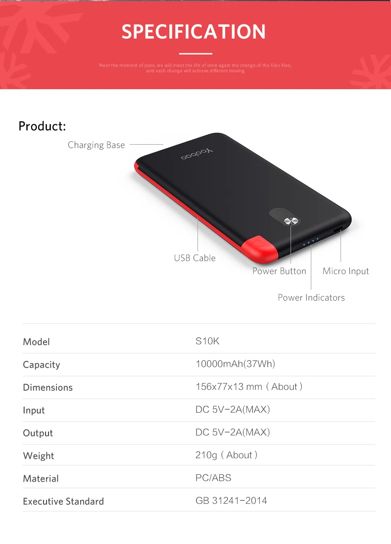 Yoobao, 10000 мА/ч, Встроенный кабель, внешний аккумулятор, двойной USB вход, внешний аккумулятор, Ультра тонкое портативное зарядное устройство для Xiaomi, huawei, iponeX