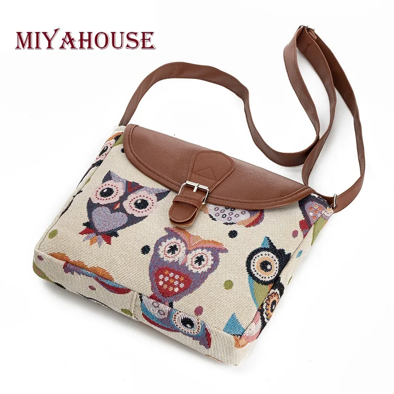 

Miyahouse Casual Cartoon Owl Printed Messenger Bag Women Canvas Design Owl Shoulder Crossbody Bag Female Small Lady Flap Bag
