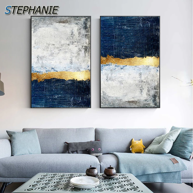 

Modern Golden Wall Art Picture Abstract Gold Foil Block Painting Blue Poster Print for Living Room Navy Decor Big Size Tableaux